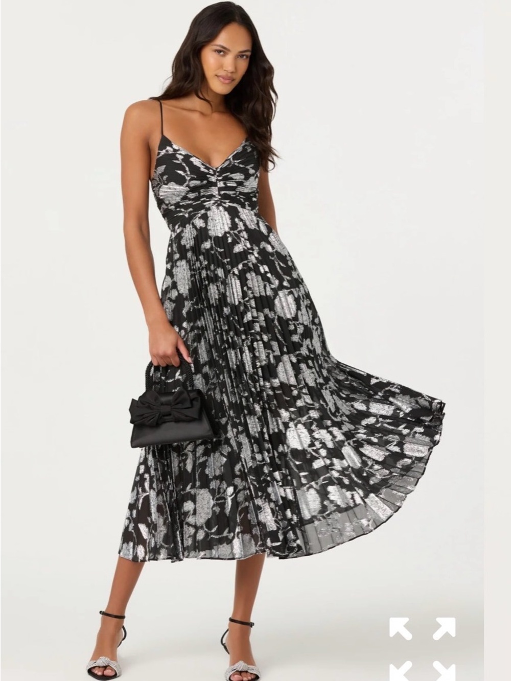 Astr Black and Silver Floral Pleated Midi Dress with Spaghetti Straps